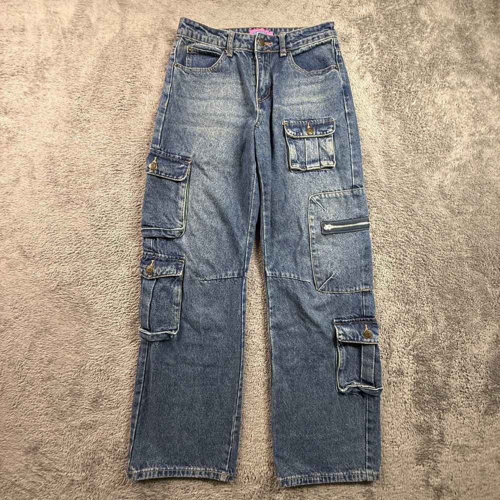 edikted Baggy Cargo Jeans XS Blue Denim Cotton Y2K Rave Streetwear Pants